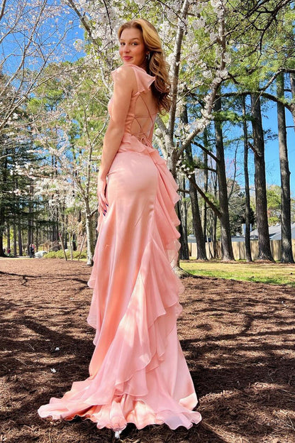 Pink Square Neck Ruffle Chiffon Long Prom Dress with Slit