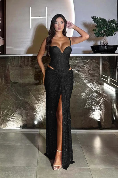 Red Gorgeous Split Sequins Spaghetti-Straps Prom Dress