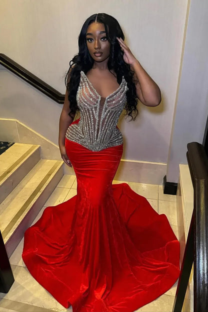 Modern Red V-Neck Sleeveless Prom Dress