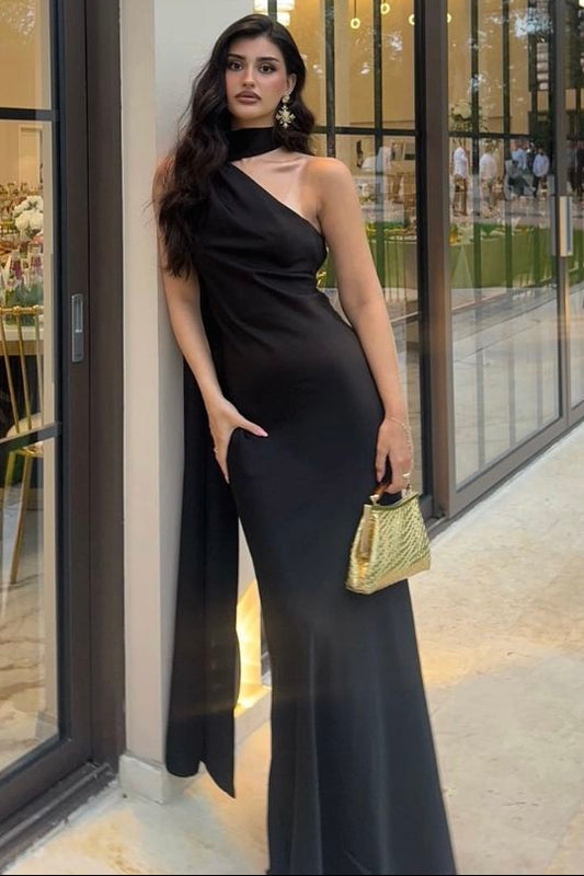 Simple Sheath One Shoulder Satin Black With Scarf