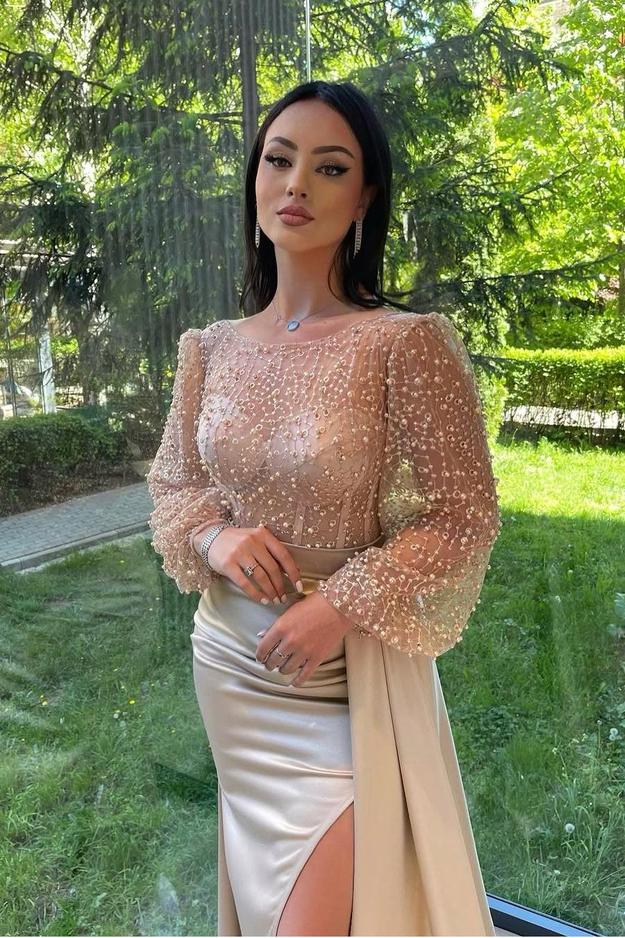 Jewel Neck Long Sleeves Mermaid Split Long Prom Dress With Beading