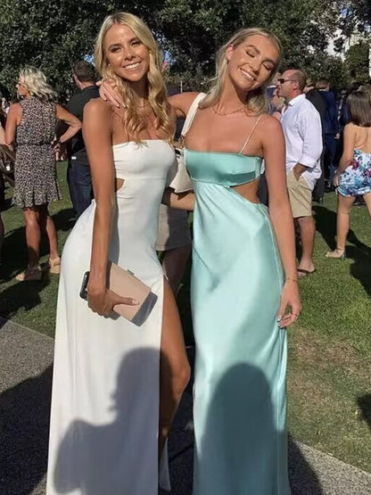 Simple Sheath Spaghetti Straps White Silk Satin Cut Waist Long Prom Dress