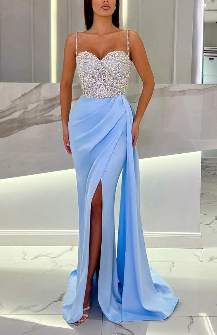 Spaghetti Straps Prom Dress Sweetheart Rhinestones with High Slit