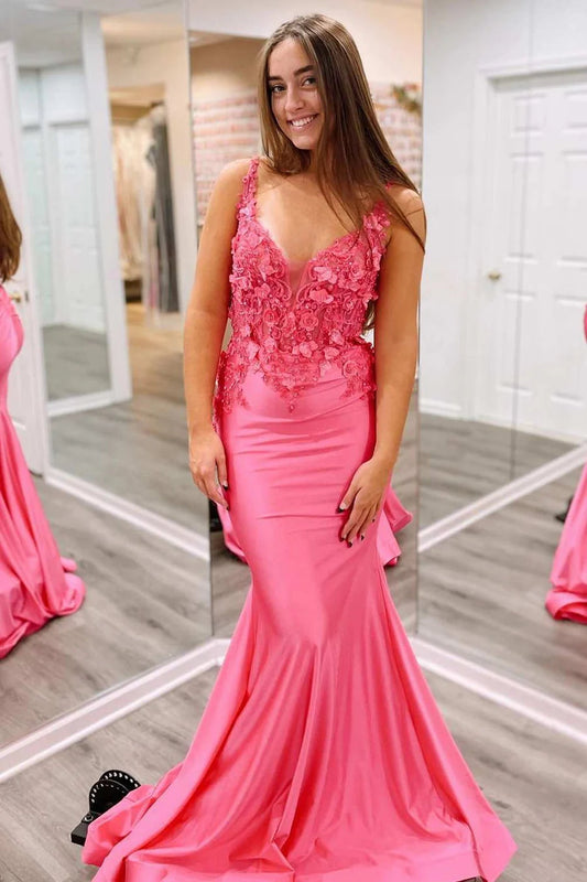 Charming Mermaid V Neck Fuchsia Sparkly Satin Long Prom Dress
