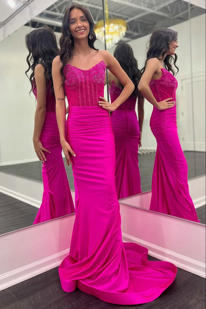 Mermaid Strapless Silver Satin Long Prom Dresses with Slit