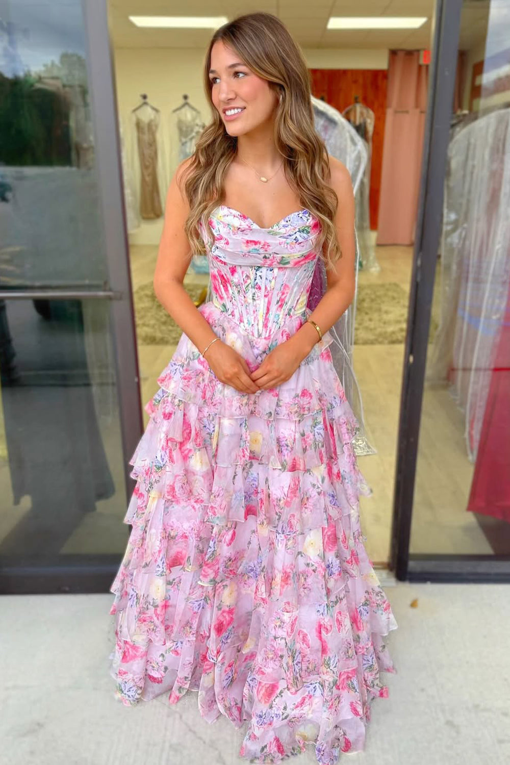 Pink A Line Sweetheart Floral Chiffon Tiered Long Prom Dress