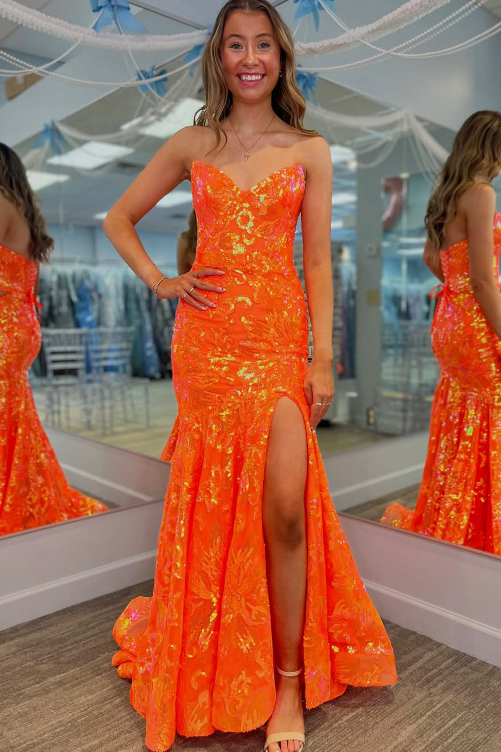 Cute Mermaid V Neck Orange Sequins Lace Long Prom Dress