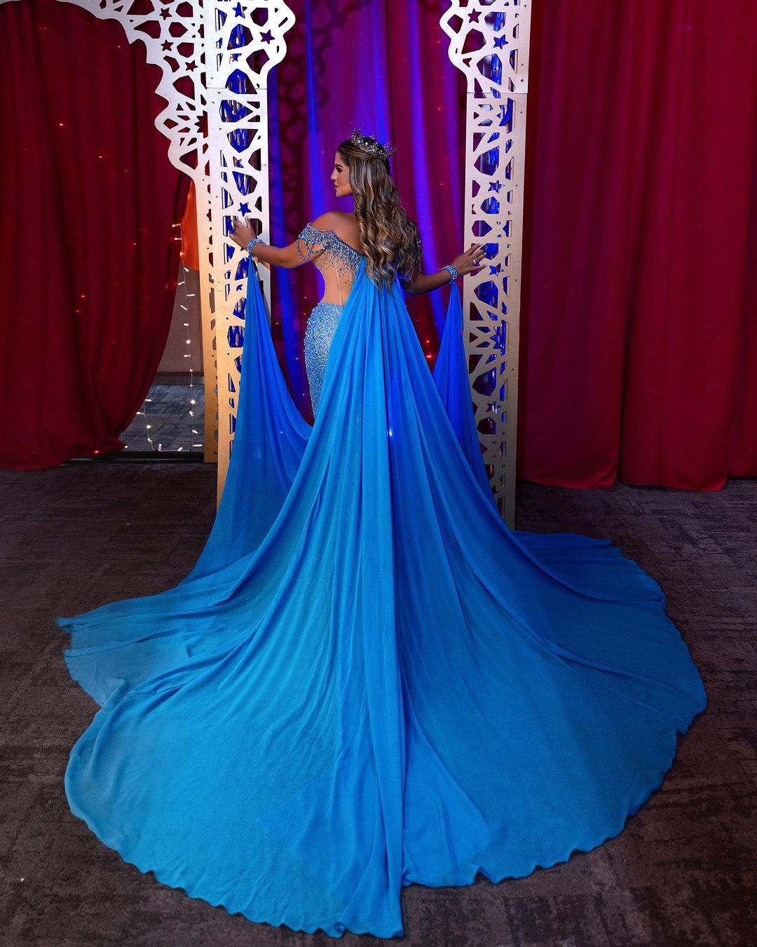 Blue Heavy Prom Dress Sequins Off-The-Shoulder Beaded V Neck