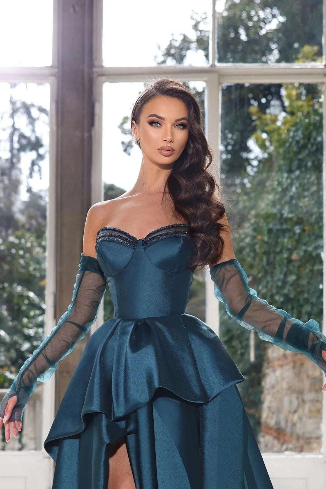 Glamorous Half Sleeves Ink Blue Prom Dress Strapless with Slit