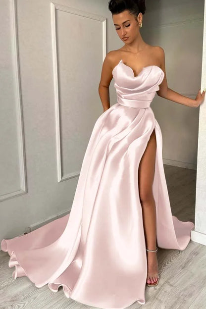 Chic Strapless Split Pleated Prom Dress