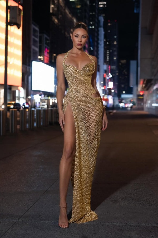 Luxurious Gold Halter Prom Dress Sweetheart Beaded with High Split