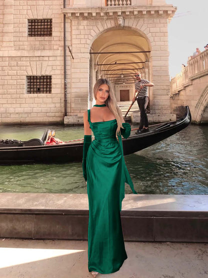 Spaghetti Strap Sleeveless Long Mermaid Prom Dress With Gloves