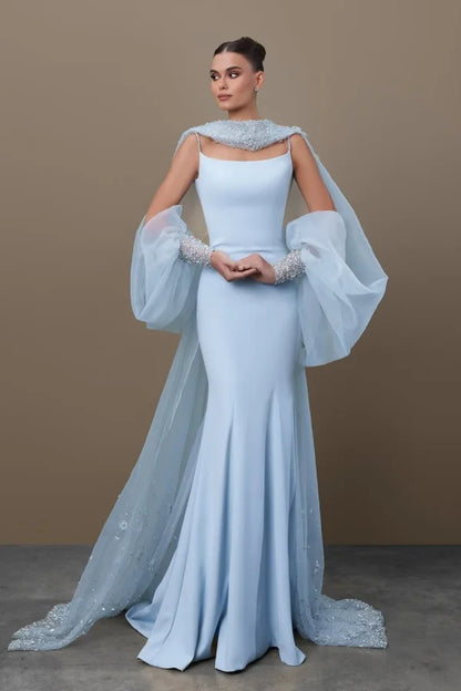 Chic Sky Blue Spaghetti-Straps Mermaid Prom Dress With Tulle Appliques Train