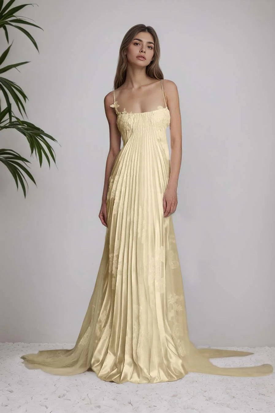 Stunning Spaghetti-Straps Pleated Sheath Appliques Prom Dress With Detachable Train