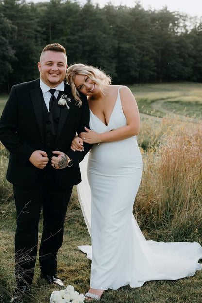 Elegant Mermaid V Neck Elastic Satin Long Wedding Dress