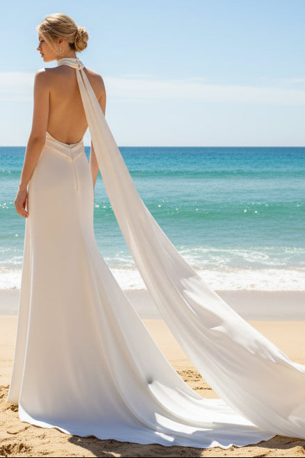 Sheath-Column Sweep-Brush Train Elastic Cloth Wedding Dress
