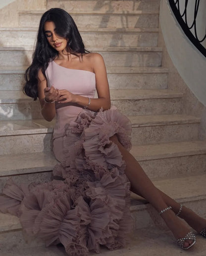 Fashion Dusty Rose One-Shoulder Split Purfle Prom Dress ZT0755