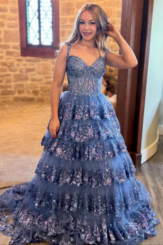 Gogeous A Line Sweetheart Navy Tulle Sequins Prom Dress