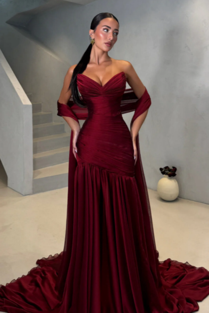 Burgundy Sleeveless Prom Dress Pleated Mermaid Floor Longth