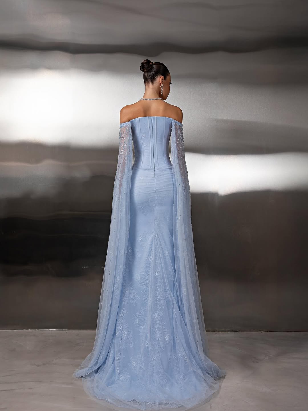 Delicate Blue Off-the-Shoulder Prom Dress Sleeveless Sequins with Lace