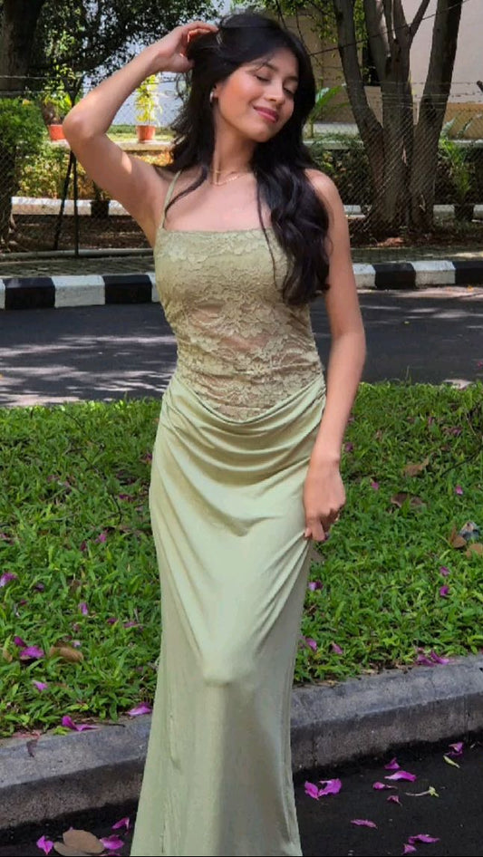 Classy Mermaid Spaghetti Strap Sage Green Lace Prom Dress