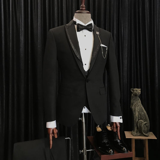 Benjamin Special Design Black Wedding Suits With Sparkle Black Peaked Lapel