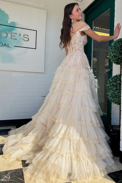 A Line Off the Shoulder Champagne Tiered Tulle Long Prom Dress
