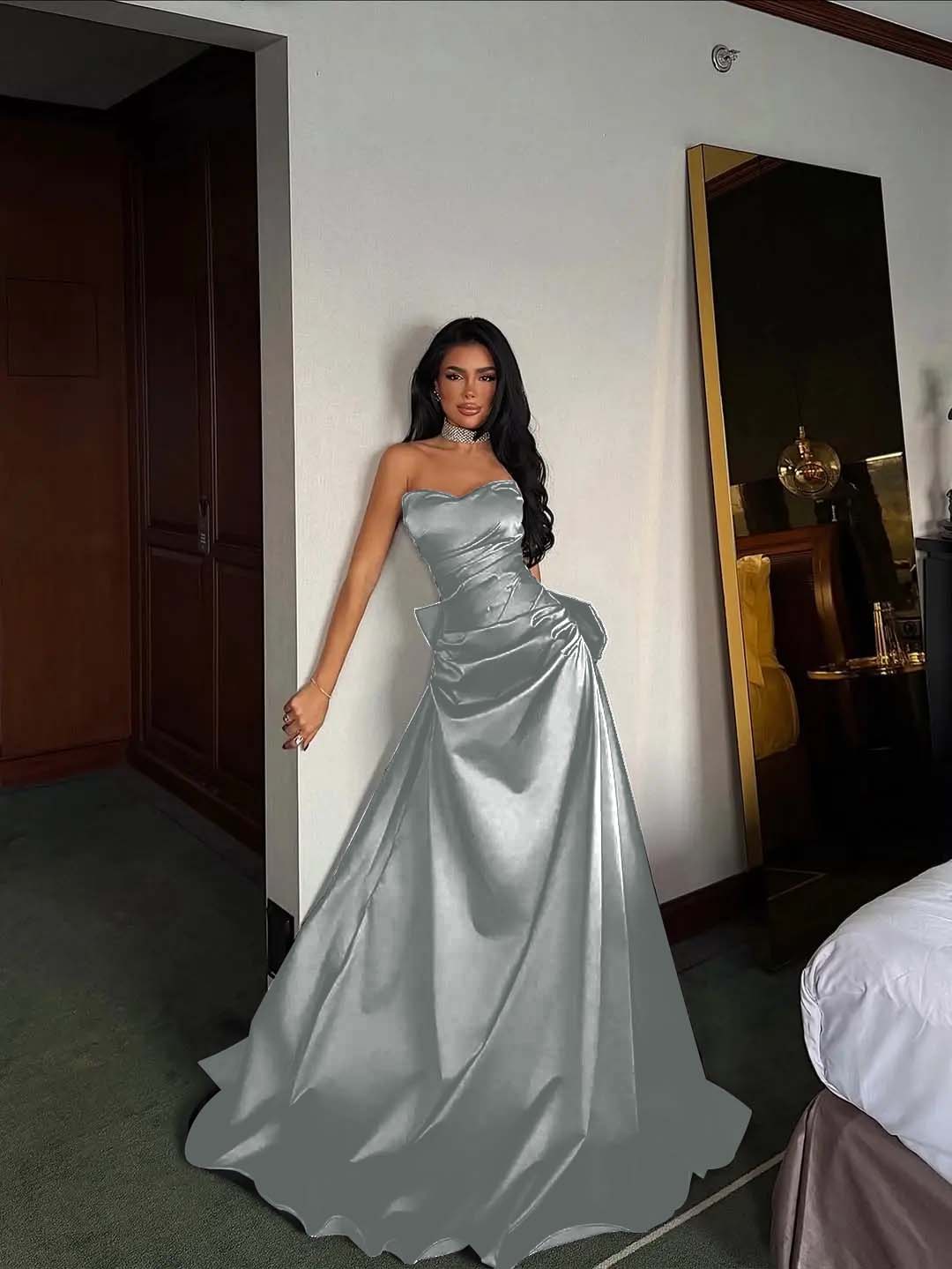 Black Satin Sweetheart Strapless Sleeveless Long A-Line Prom Dress With Pleated