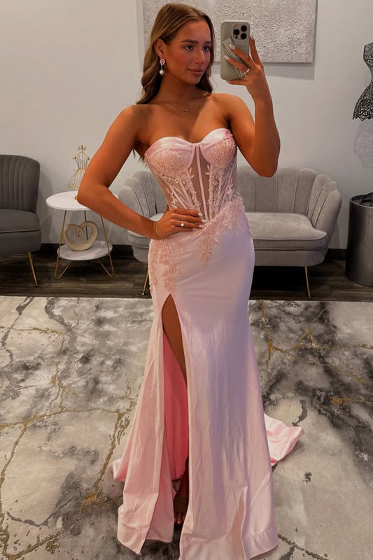 Mermaid Strapless Corset Pink Satin Appliques Long Prom Dress