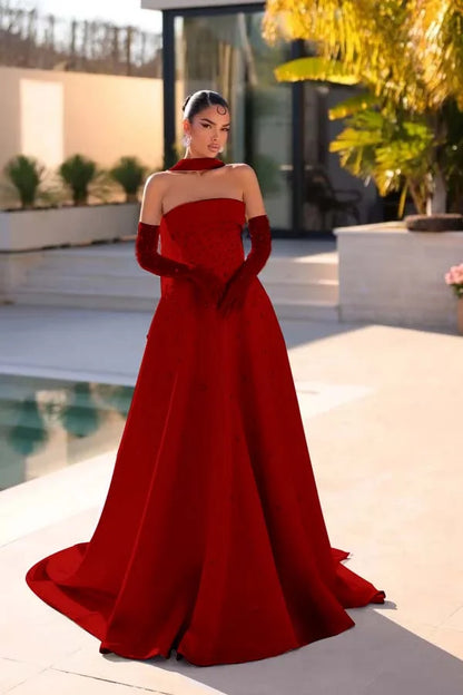 Light Blue Strapless A-Line Beaded Rhinestones Prom Dress With Gloves And Scarf