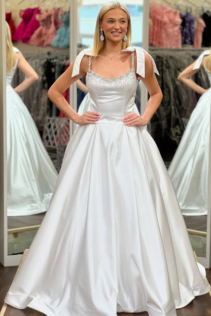 A-Line Square Neck Blue Satin Beaded Long Prom Dress