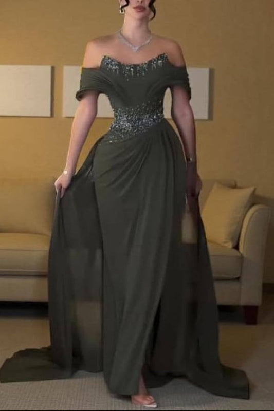 Green Off Shoulder Beaded Ruched Sheath Formal Evening Gown