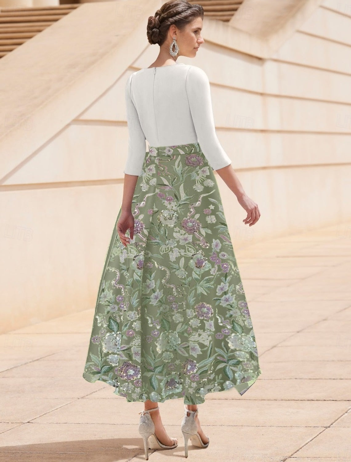 Flowers Floral Print V-Neck Long Sleeve A-Line Evening Dress Tea-Length