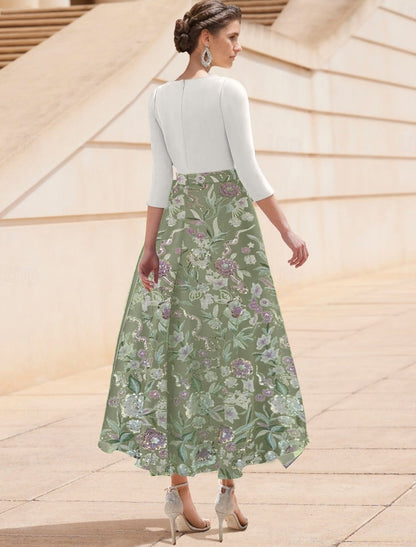 Flowers Floral Print V-Neck Long Sleeve A-Line Evening Dress Tea-Length