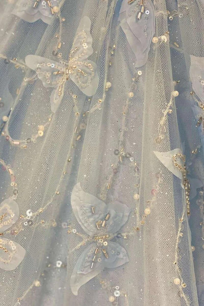 Light Blue Off-Shoulder Ball Gown with Butterfly Embroidered Tulle Skirt