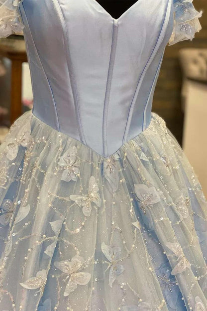 Light Blue Off-Shoulder Ball Gown with Butterfly Embroidered Tulle Skirt