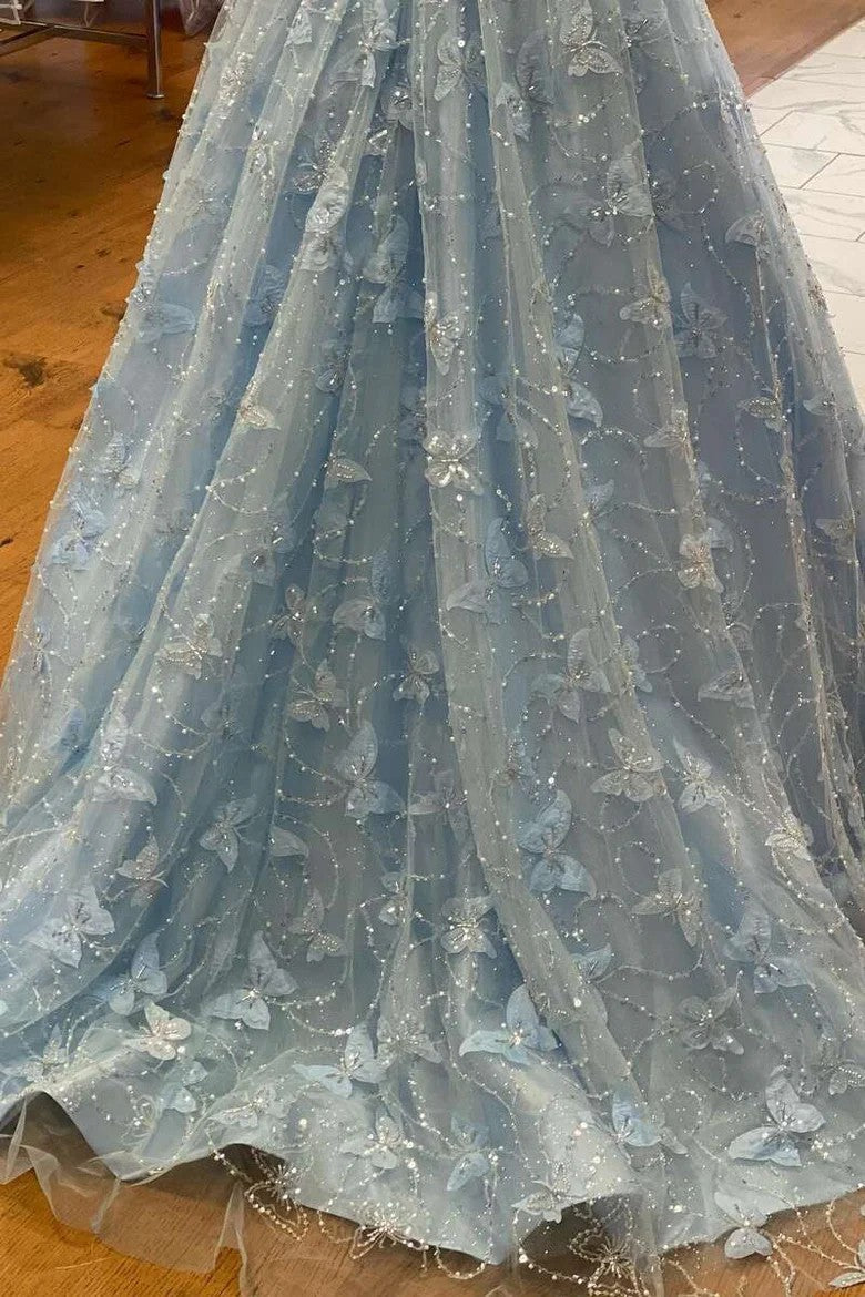 Light Blue Off-Shoulder Ball Gown with Butterfly Embroidered Tulle Skirt