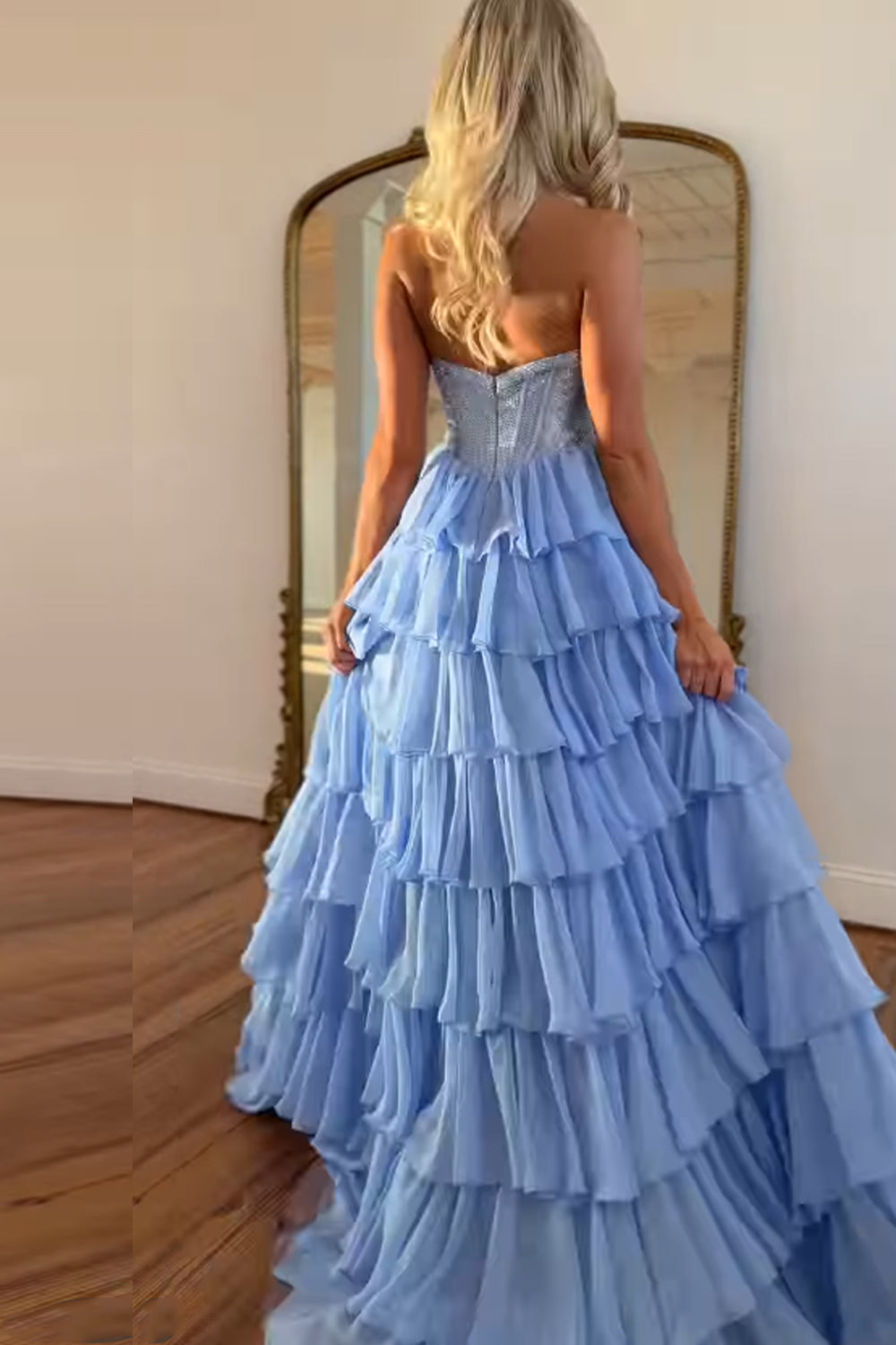 Charming A-Line Strapless Ruffle Tiered Chiffon Long Prom Dress
