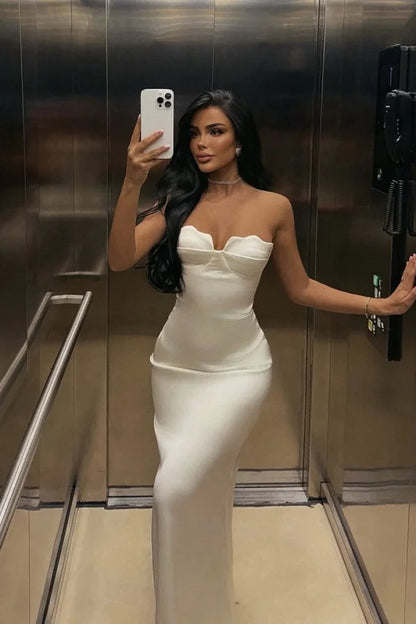 Ivory Back Slit Strapless Elegant Prom Dress