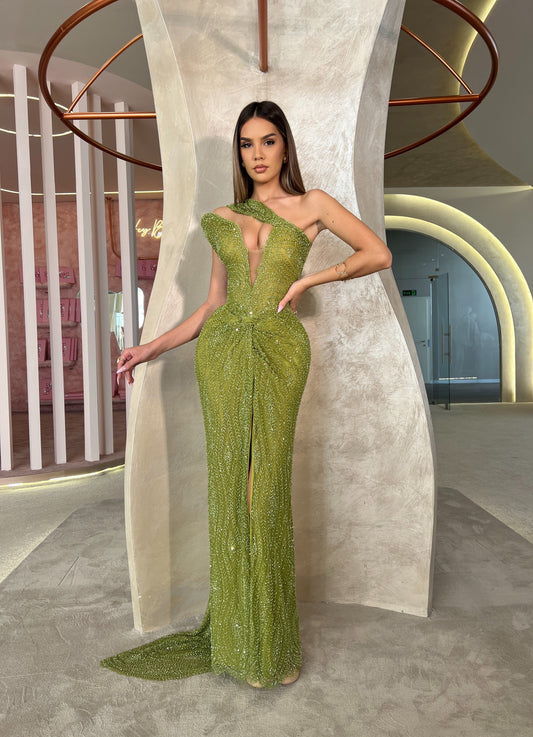 Green Asymmetrical Neck Sleeveless Ruched Sheath Prom Dress