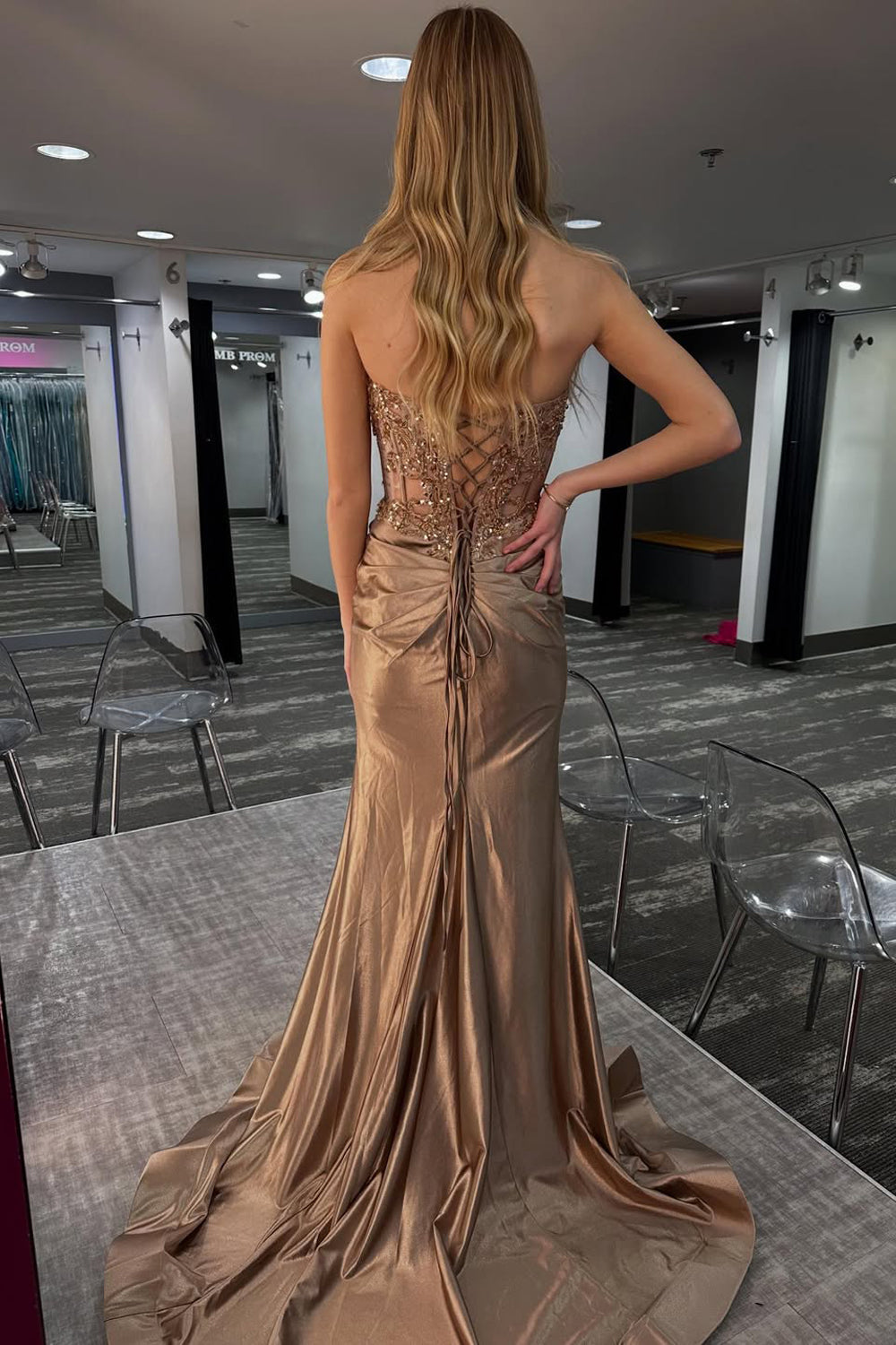 Glamorous Mermaid Brown Satin Slit Prom Dress with Beading