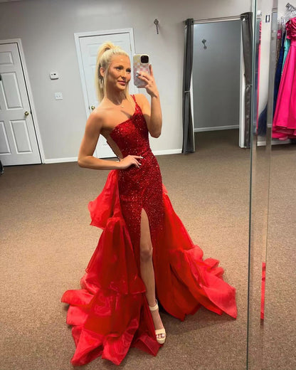 Sparkly Sequin One Shoulder Side Split Evening Party Gowns