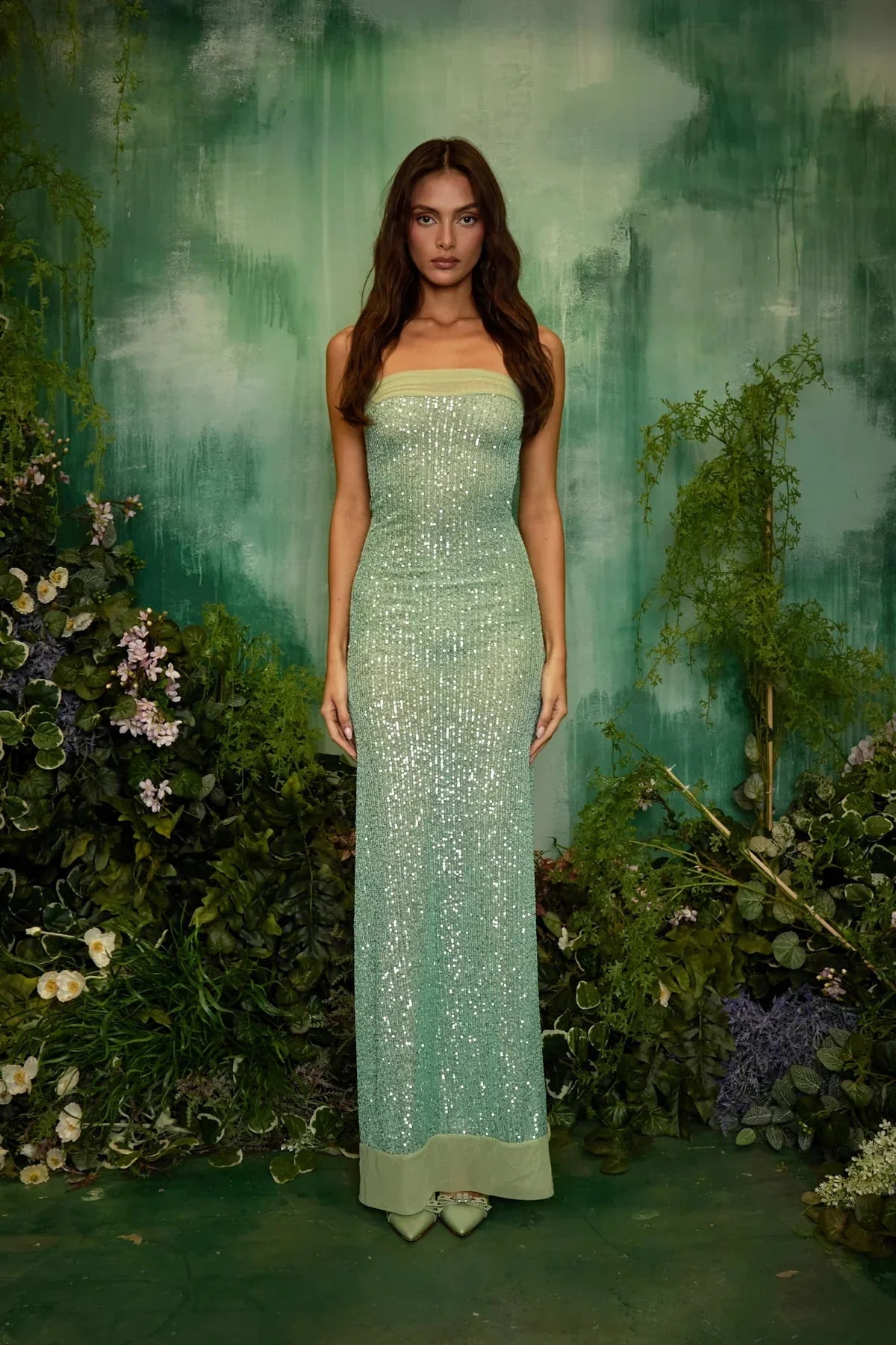 Green Sequins Tube Top Floor Length Prom Dress