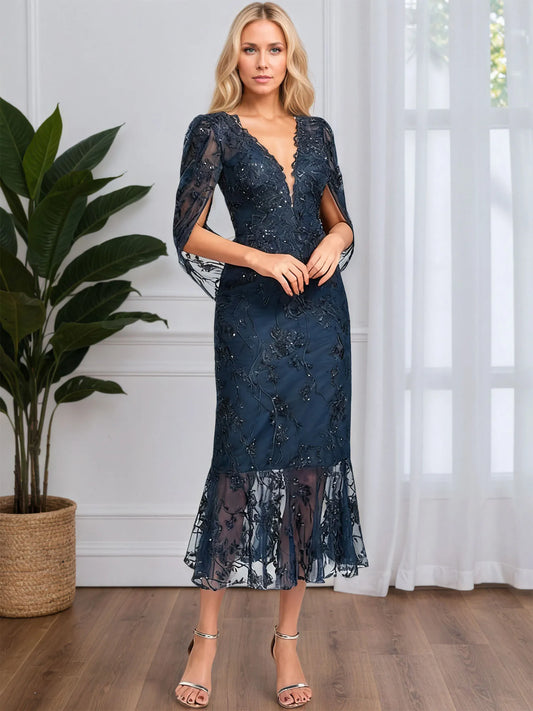 Trumpet/Mermaid V-Neck Tea-Length Tulle Lace Cocktail Dress With Sequins
