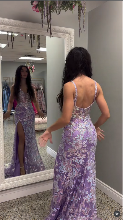 Purple Spaghetti Straps Applique Sleeveless Mermaid Side Slit Prom Dress Floor-Length