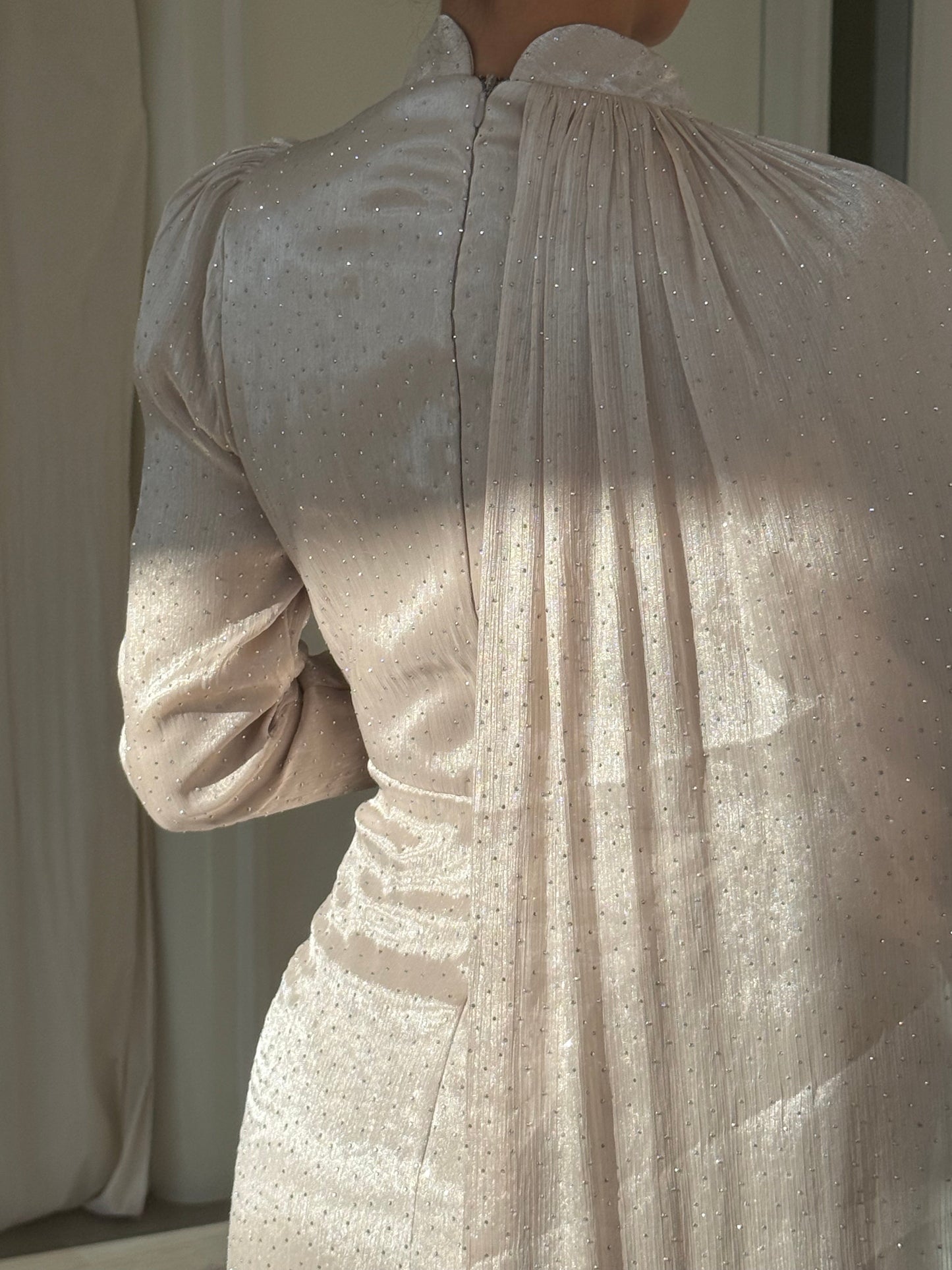 Beige Sheath High Neck Long Sleeves Ruched Evening Formal Dress