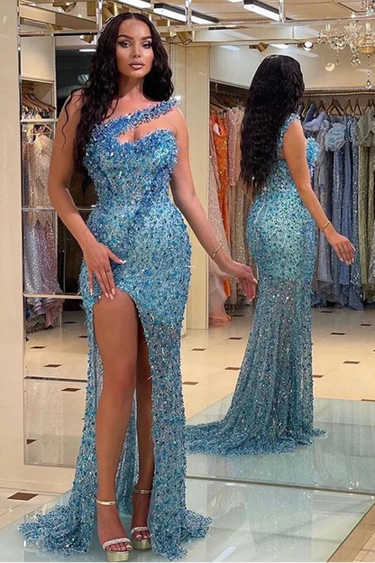 Vintage Blue Beadings Strapless Mermaid Prom Dress with Split