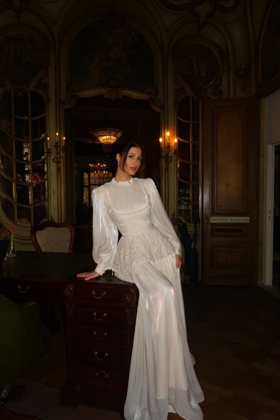 Ivory High Neck Long Sleeves Beaded Evening Gown Vintage Dress