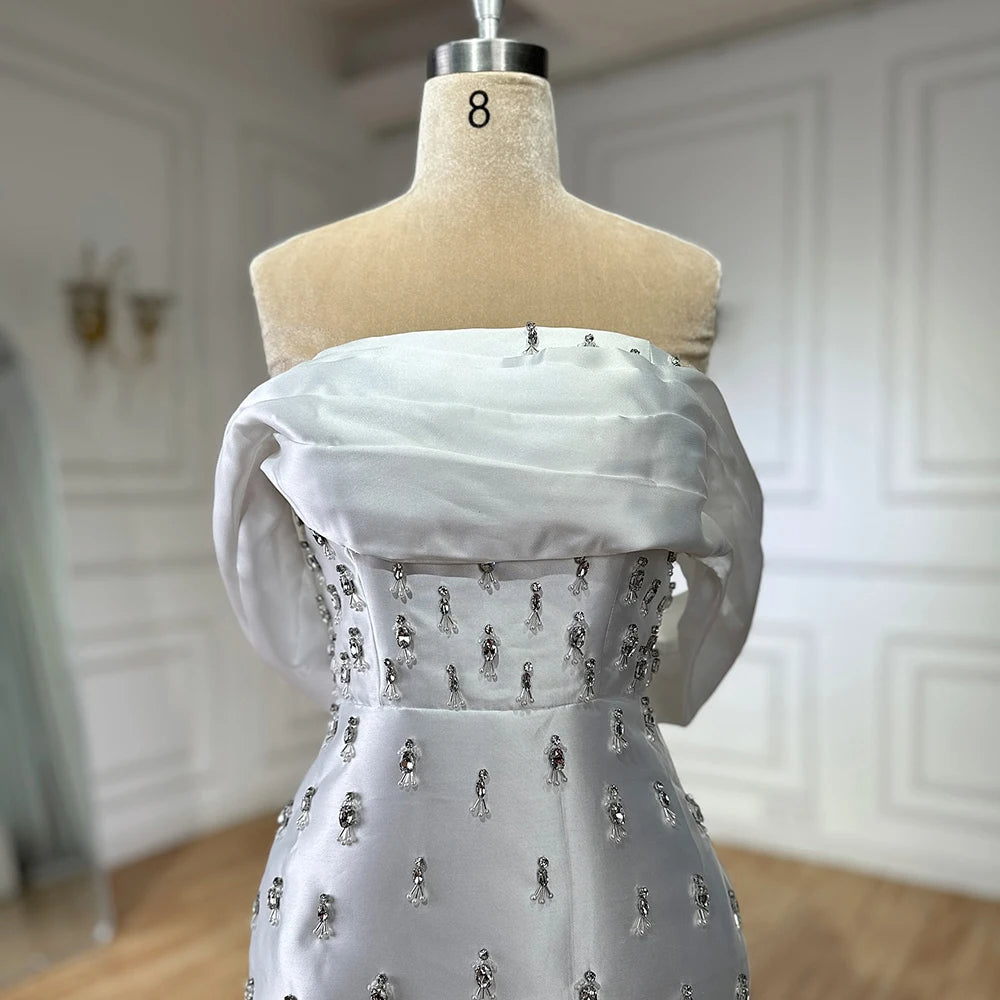 Blue Beaded Crystal Ankle-Length Mermaid Satin Evening Dress Gown for Party