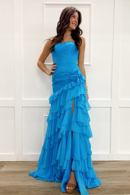 Sheath Strapless Blue Chiffon Long Tiered Prom Dress